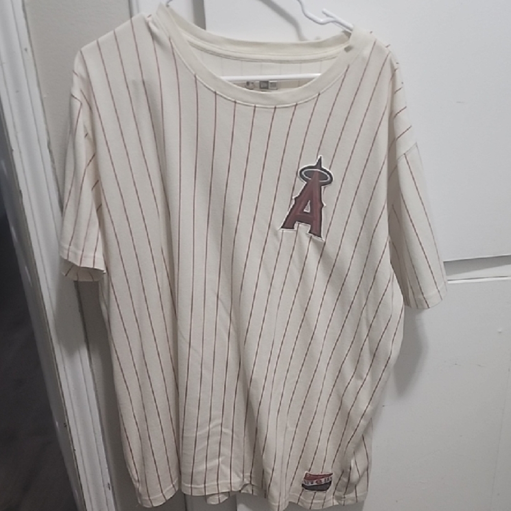 Angels Baseball Striped Cream Mens Shirt